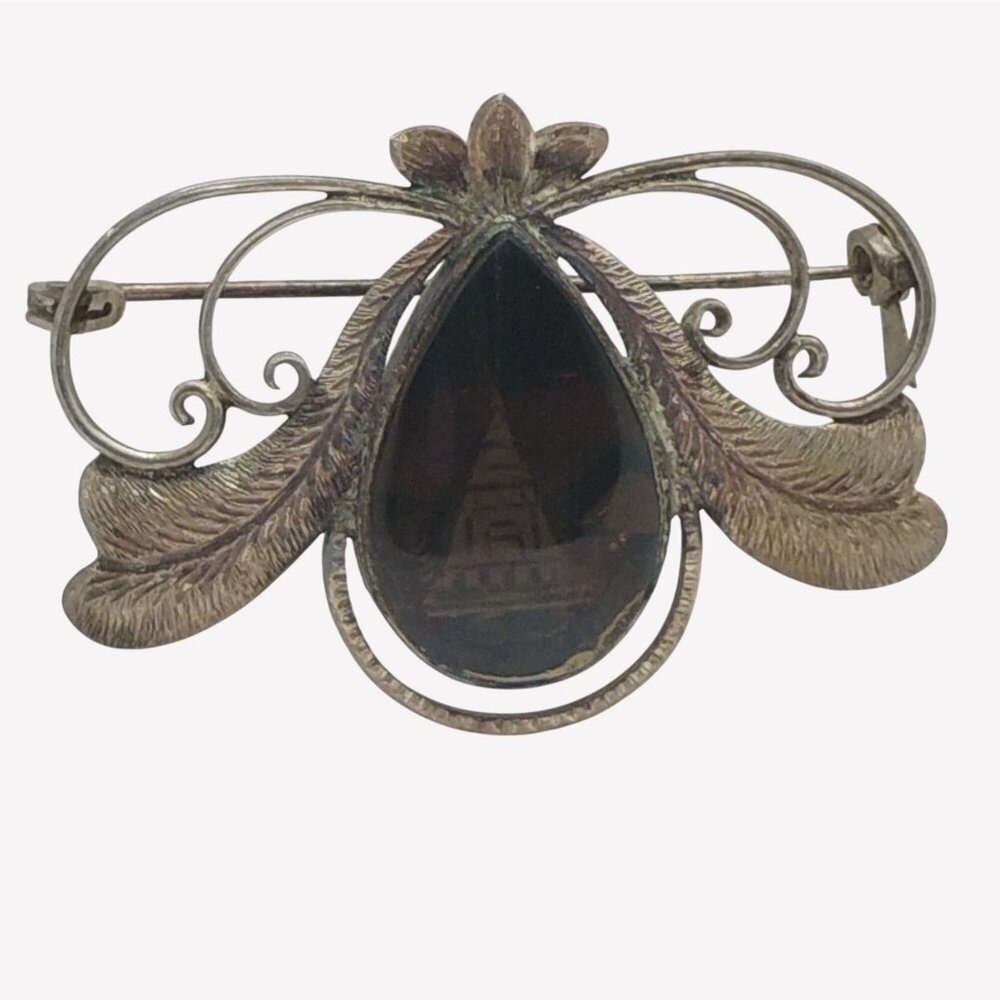 Vtg Sterling Silver Smoky Quartz Reverse Intaglio Pendant w/Pagoda Pyramid